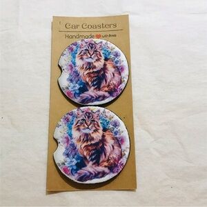 Floral Longhair Tabby Cat Car Coasters Set Handmade